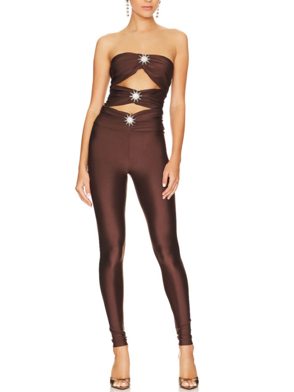Ronny Kobo catsuit jumpsuit Chocolate Strapless Cutout Star Accents size small